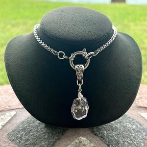 Genuine big herkimer diamond stainless steel wheat chain clasp in front necklace